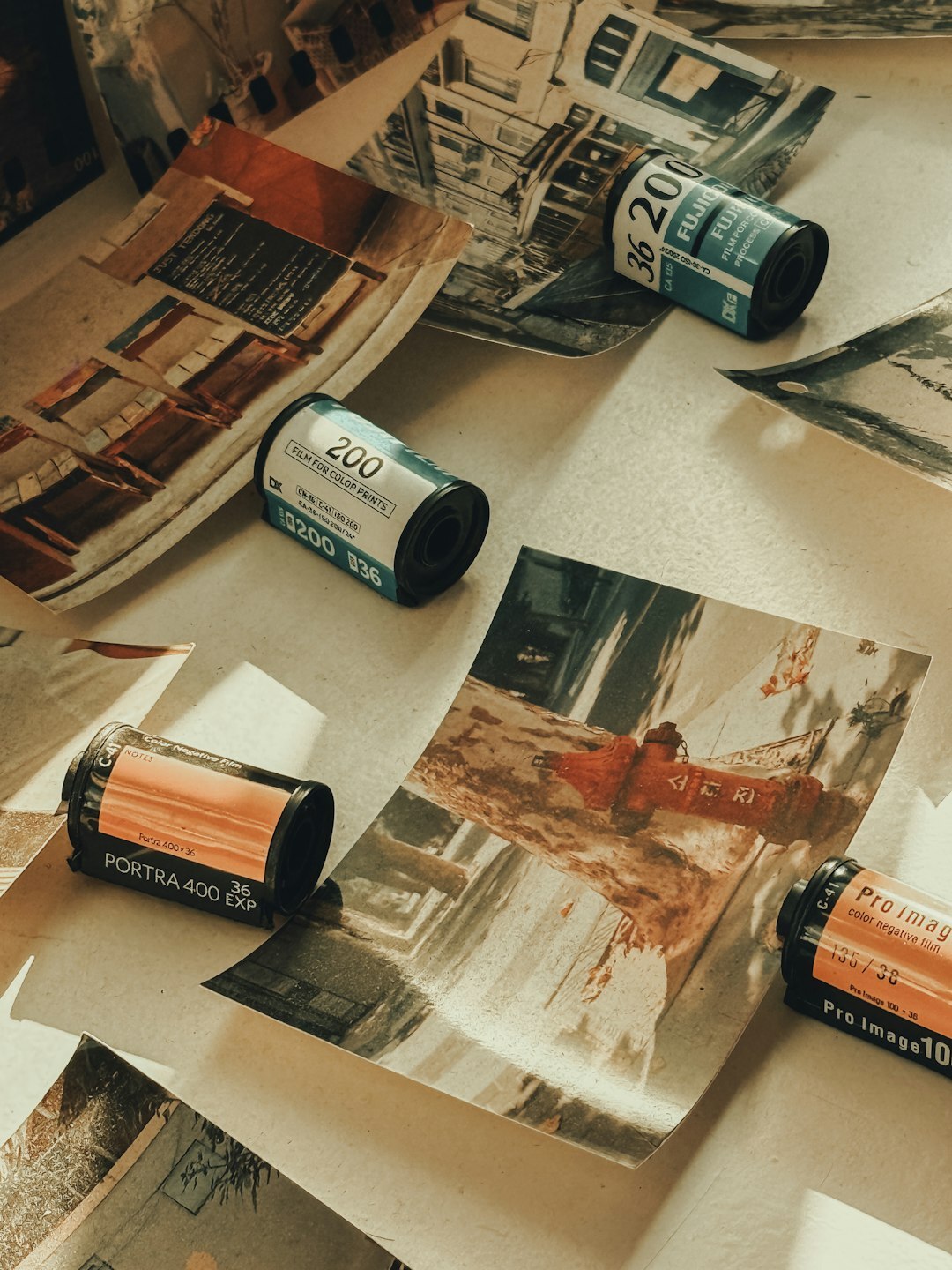 Photo editor reviewing printed contact sheets and film rolls